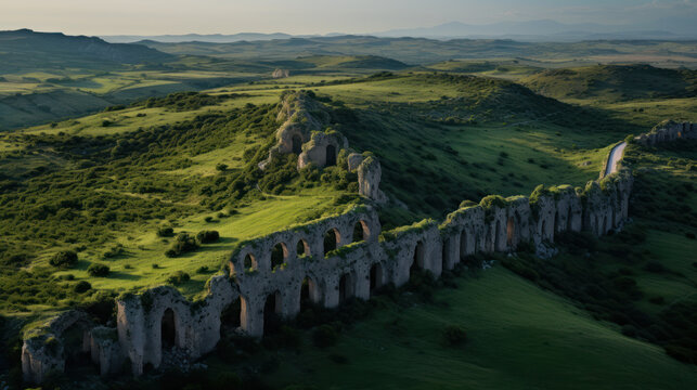 vue a&eacute;rienne de vestiges d'un aqueduc romain ou grec isol&eacute; dans la campagne