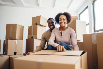 Happy young black couple with cardboard boxes moving in to their new home together - obrazy, fototapety, plakaty