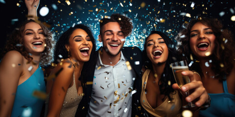 Happy smiling group of mixed race young people holing champagne glasses, laughing and having fun at the disco club new year party