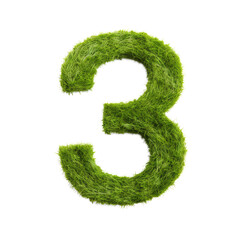 green grass forming number three, 3, alphabet text font character isolated on white in nature, growth and eco environment concept.