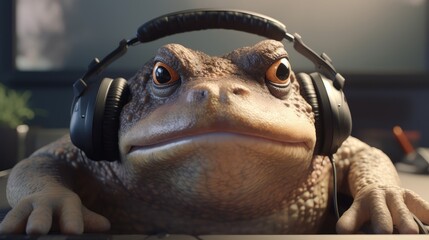 operator frog in headphones with microphone working in office - obrazy, fototapety, plakaty