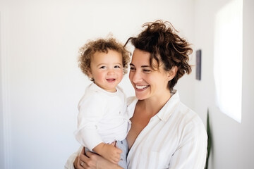 Portrait of a happy smiling mother holding her baby at home