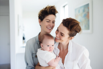 Portrait of happy female Gay couple with baby at home. Concept of lgbt people, lesbian marriage and adoption, homosexual family - obrazy, fototapety, plakaty
