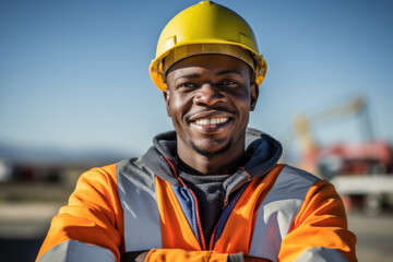Picture of man wearing hard hat and orange jacket. This image can be used to illustrate construction, safety, or outdoor work-related themes.