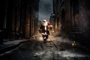 Santa Claus walking down the street with gifts