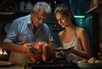 Grandfather and granddaughter preparing Christmas turkey