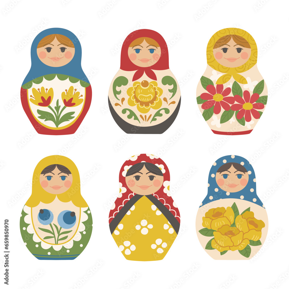 Wall mural Set of Russian traditional toys. Nesting doll matryoshka. Folklore wooden painted toy