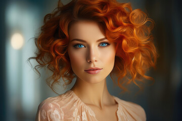 Fototapeta premium Trendy Caucasian Lady with Curly Hair and Fashionable Outfit