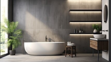 Fototapeta na wymiar minimalist bathroom interior, concrete floor, and gray and beige walls, bathroom cabinet, bathtub.