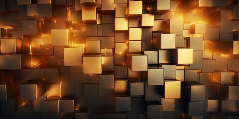 Abstract geometric metallic gold 3d texture wall with squares and square cubes background banner illustration with glowing lights, textured metal wallpaper