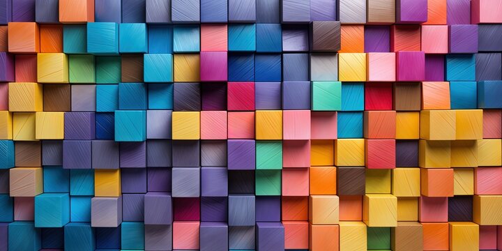 Abstract geometric rainbow colors colored 3d wooden square cubes texture wall background banner illustration panorama long, textured wood wallpaper