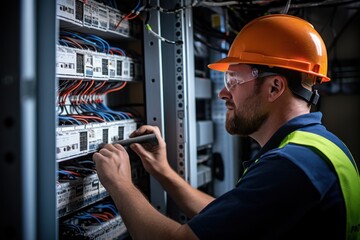 Female commercial electrician at work on a fuse box, adorned in safety gear, demonstrating professionalism. Electrician men at work.