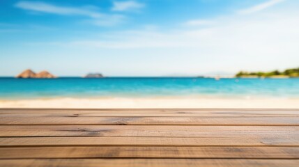 Obraz premium Top of wood table with blurred sea and blue sky background - Empty ready for your product display montage. Concept of beach in summer