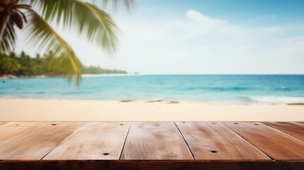 Top of wood table with blurred sea and blue sky background - Empty ready for your product display montage. Concept of beach in summer