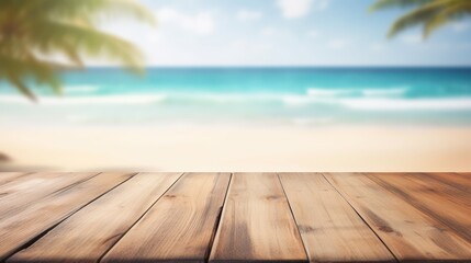 Top of wood table with blurred sea and blue sky background - Empty ready for your product display montage. Concept of beach in summer - obrazy, fototapety, plakaty