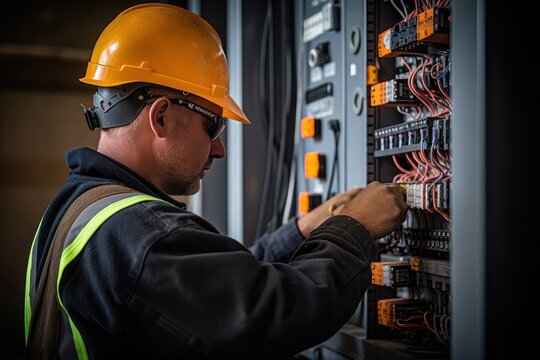 Female Commercial Electrician At Work On A Fuse Box, Adorned In Safety Gear, Demonstrating Professionalism. Electrician Men At Work.