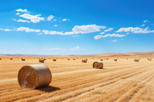 Picturesque view of hay bales in field with beautiful blue sky in background. This image can be used to depict rural landscapes, agriculture, farming, or beauty of nature.