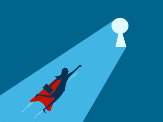 woman hero flies into a bright keyhole. Vector illustration