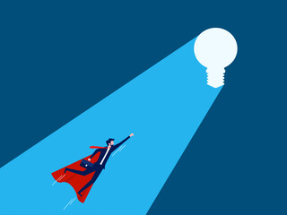 Businessman hero flies to light bulb icon. Vector illustration