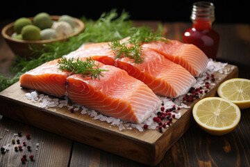 Wooden cutting board with fresh salmon and lemon slices. Perfect for food and cooking-related projects.