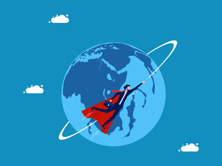World economy. Business hero flies around the world. Vector