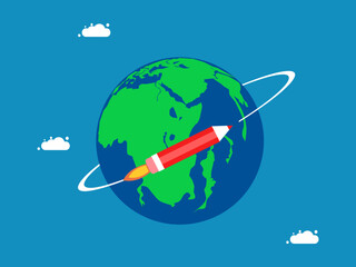 Develop global knowledge. Pencil rocket flies around the world. Vector