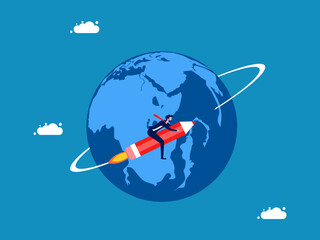 Develop global knowledge. Businessman flies on a pencil rocket around the world. Vector