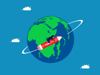 Global development. Businesswoman flies with pencil around the world. Vector