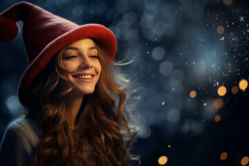 beautiful girl girl in red hat on blurred background, winter holiday. space for text