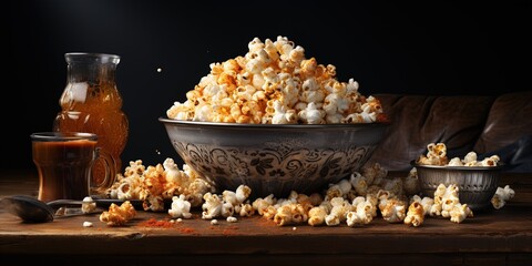 Dark food photography backgrund - Bowl of popcorn on table in kitchen
