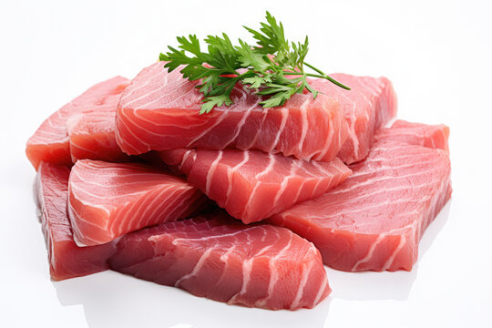 Pile of raw meat with sprig of parsley. This image can be used to showcase fresh and uncooked meat, or to depict ingredients for cooking and food preparation.