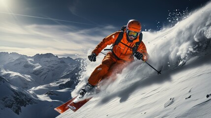 An athlete goes downhill skiing - obrazy, fototapety, plakaty