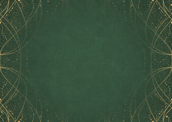 Warm green textured paper with vignette of golden hand-drawn pattern and golden glitter splatter. Copy space. Digital artwork, A4. (pattern: p10-2a)