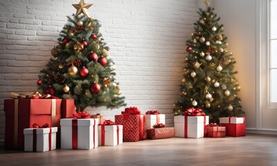 Fototapeta na wymiar decorated christmas tree and gift boxes over white brick wall with copy space, Generative AI