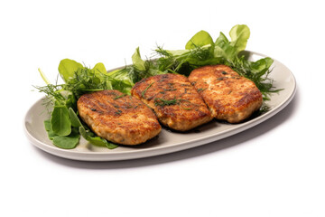 White plate featuring delicious meat patties accompanied by fresh greens. This image can be used to showcase mouthwatering meal or to promote healthy eating options.