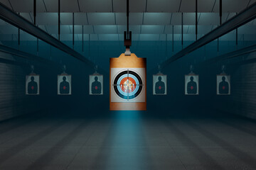 Shooting range with target riddling by bullets. Training practice or competition - obrazy, fototapety, plakaty