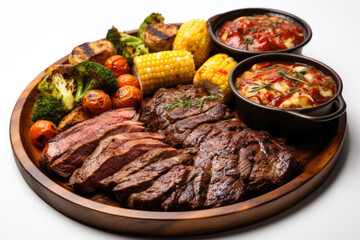 Delicious plate of steak, corn, and vegetables is displayed on table. Perfect for food enthusiasts or restaurant promotions.