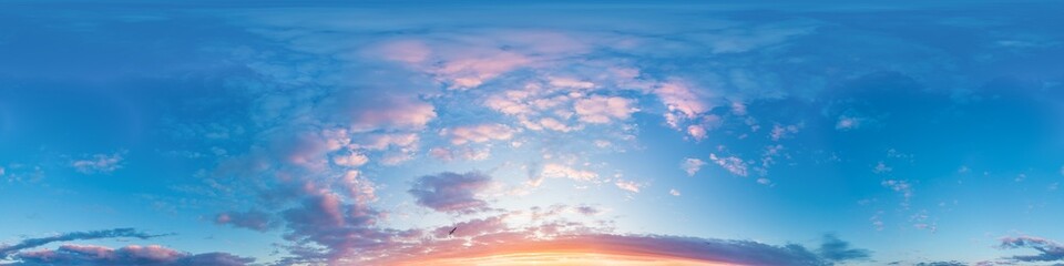 Sunset sky panorama with bright glowing pink Cumulus clouds. HDR 360 seamless spherical panorama. Full zenith or sky dome in 3D, sky replacement for aerial drone panoramas. Climate and weather change.