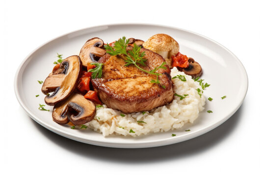 White plate topped with rice and meat. This versatile image can be used to showcase delicious meal, demonstrate cooking techniques, or promote restaurant or food delivery service.