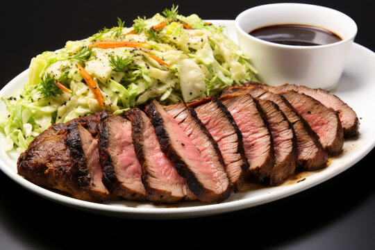 White plate topped with meat and served with side of coleslaw. This appetizing dish is perfect for any meal. - Powered by Adobe