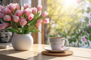 Fototapeta na wymiar Simple and elegant composition featuring cup of coffee and vase of flowers on table. Perfect for adding touch of warmth and beauty to any setting.