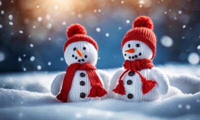 Fototapeta premium little knitted snowmans on soft snow on blue background, Generative AI