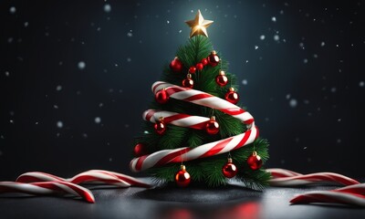 Christmas Card - Loading Concept - Tree And Candy Canes On Black Stone, Generative AI