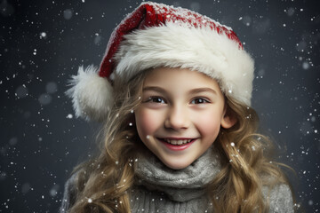 cute little girl in Santa Claus hat on blurred grey background with snowfall. space for text