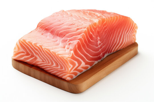 Piece of salmon is placed on cutting board. This image can be used for culinary blogs, seafood recipes, or healthy eating articles.