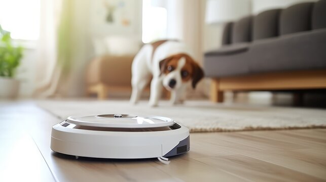 dog lying on carpet with robot vacuum cleaner, smart home system, funny animals