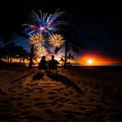 Rear view of young happy couple in love sitting on beach and watching fireworks at sunset.