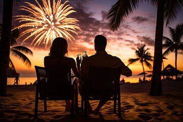 Rear view of young happy couple in love sitting on beach with champagne glasses in hands and watching fireworks. Concept Christmas on the tropical coast.
