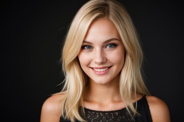 Naklejka premium Portrait beautiful blonde model woman with white teeth smile, healthy long hair and beauty skin on black background. Concept of advertising dentist and facial care. Generative AI