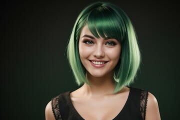 Fototapeta premium Portrait beautiful green hair and eyes model woman with white teeth smile, healthy long hair and beauty skin on dark background. Concept of advertising dentist and facial care. Generative AI